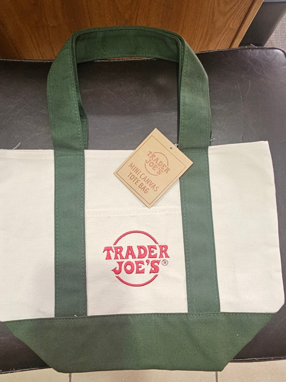 Trader Joe's Mini Canvas Tote Bag - Cream & Forest Green